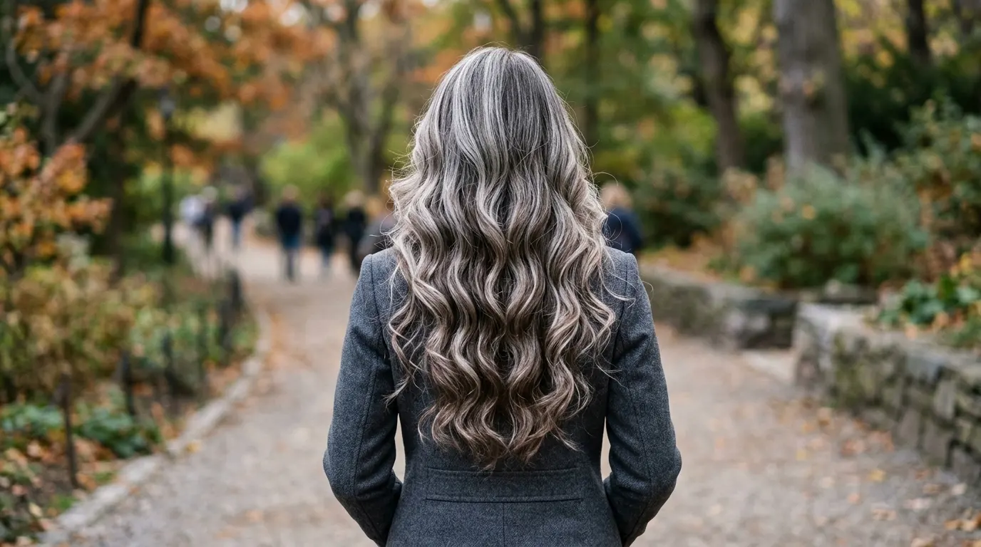 Long wavy dark hair with dimensional lowlights and blended silver highlights