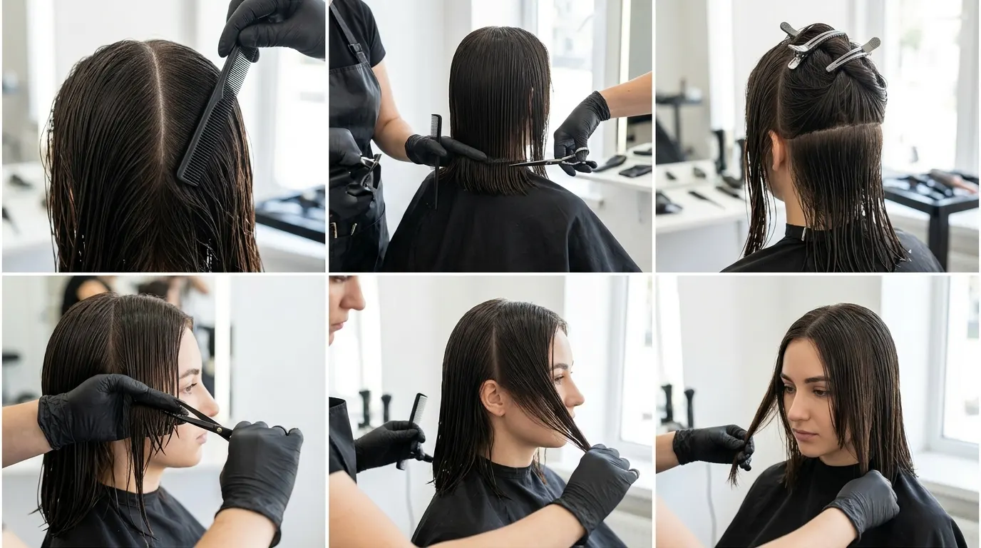 Six box grid showing essential steps for cutting a layered haircut at home.