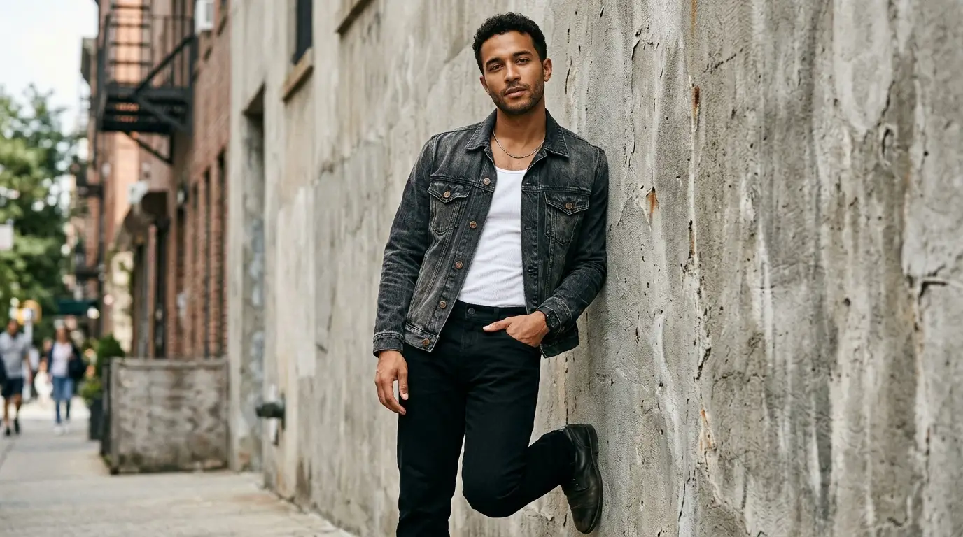 Double denim outfit styling a faded charcoal denim jacket with jet black jeans.