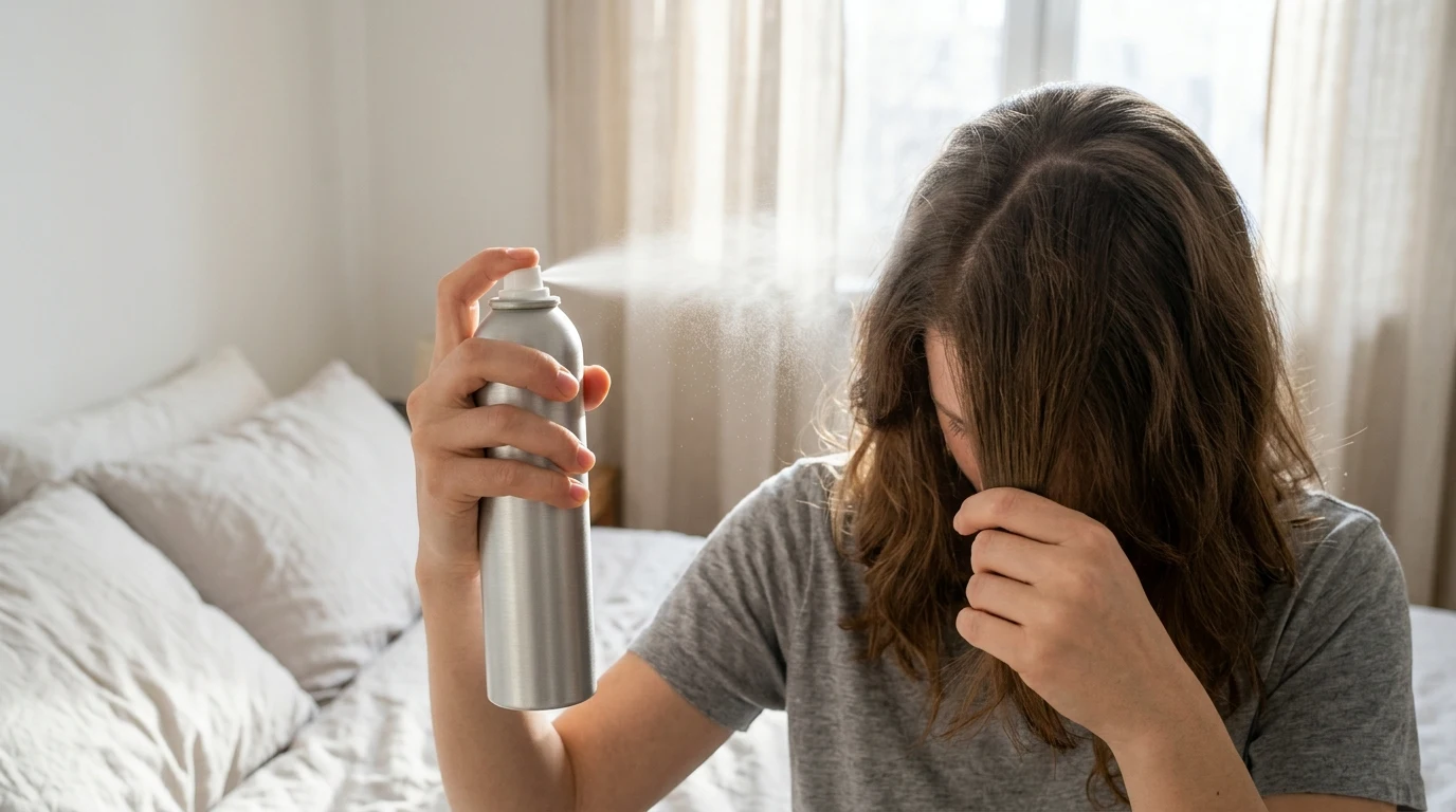 Spraying dry shampoo from twelve inches away onto roots of second-day hair to absorb oil and restore bounce.