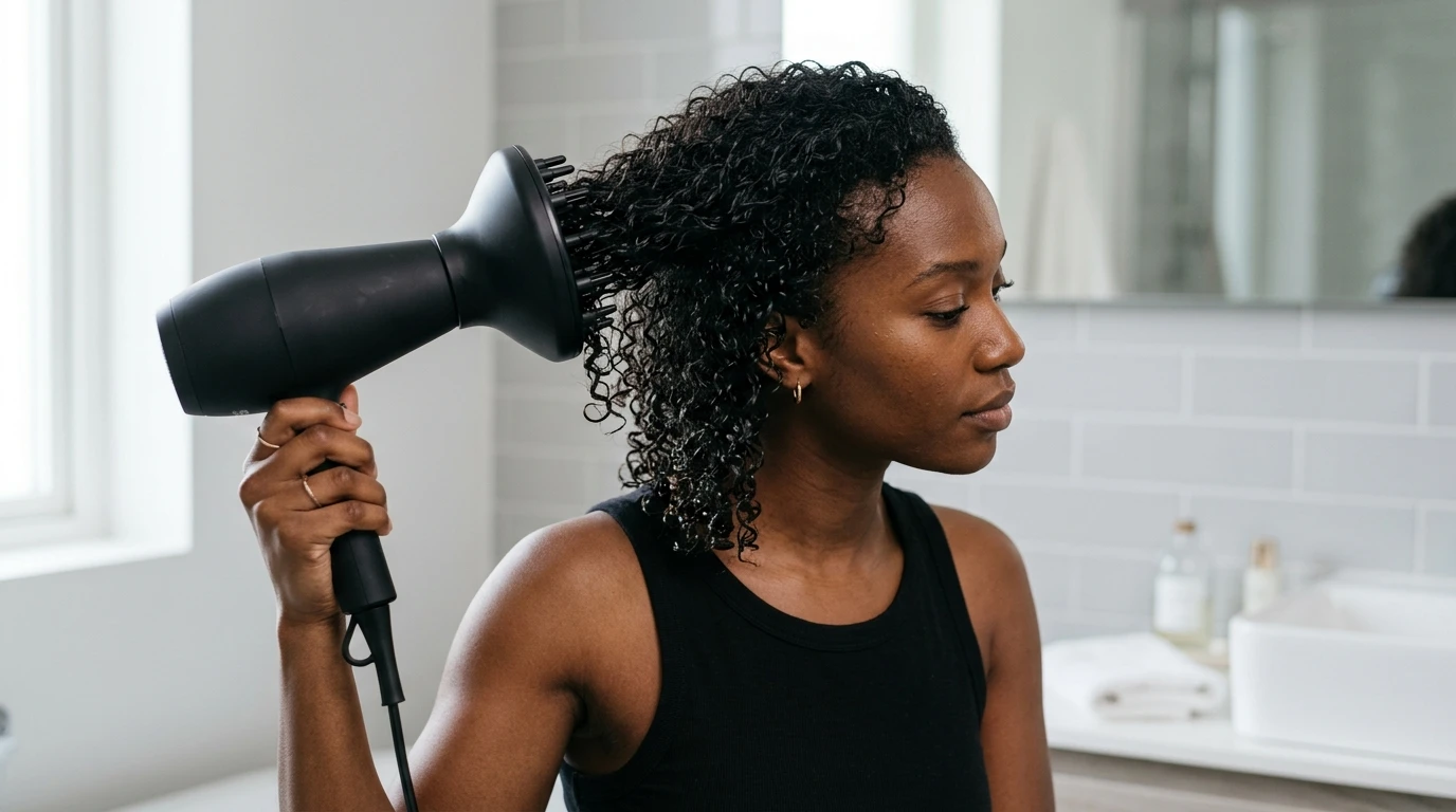 Diffuser attachment on a hair dryer gently lifting and drying damp curls to speed up drying time.