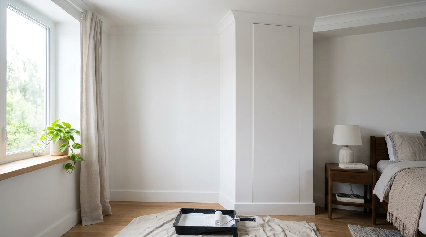 Finished drywall on a built-in closet wall ready for satin interior paint.