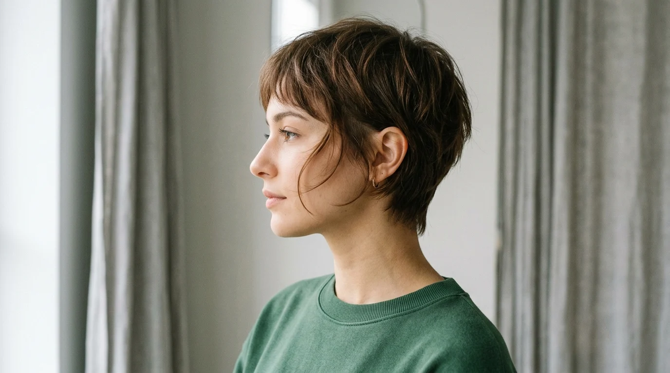 Side view of an ear-length crop with soft sideburn pieces framing the cheekbone.