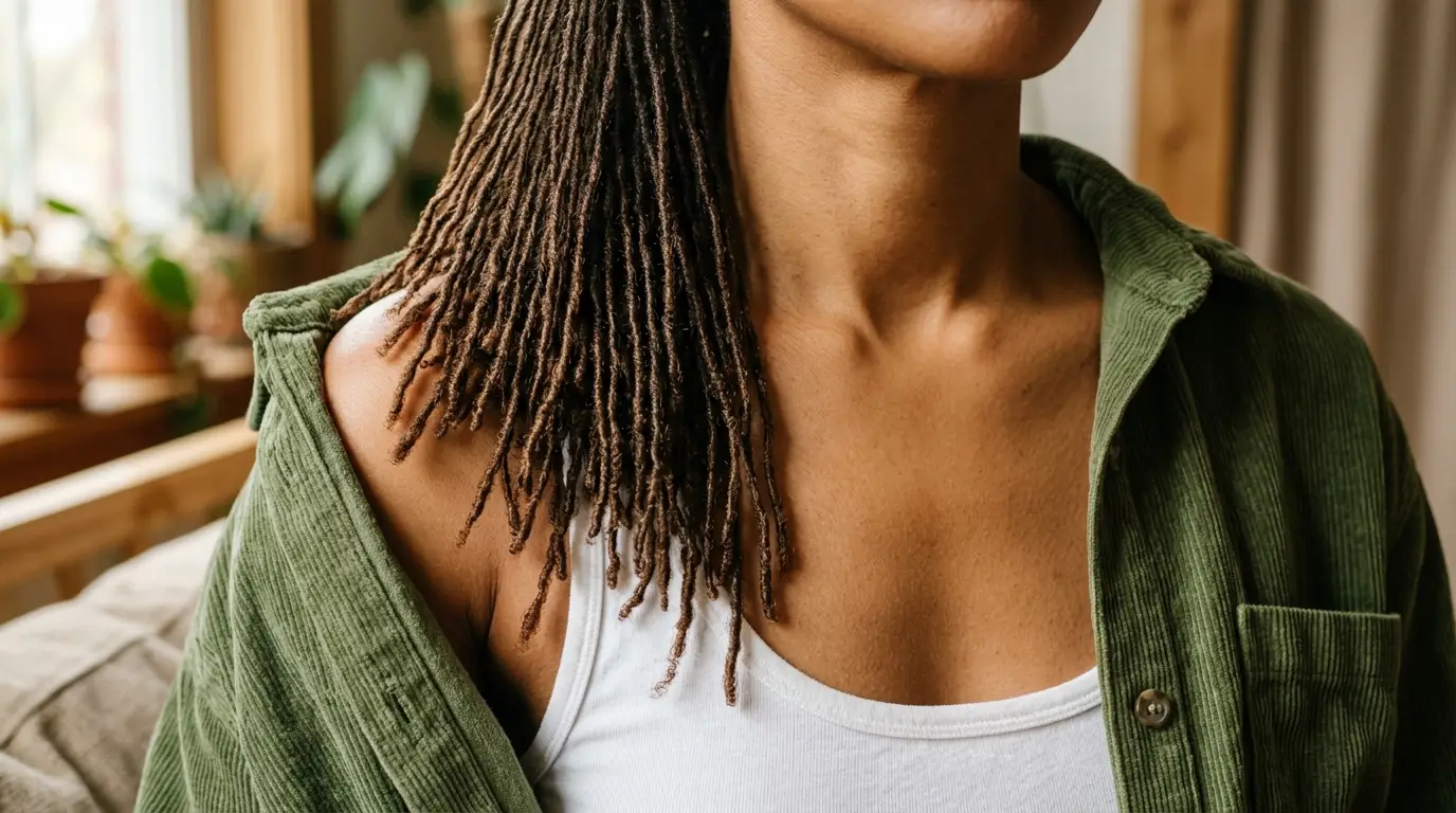 Close-up shot of thin mature microlocs falling softly over the shoulders with natural shine.