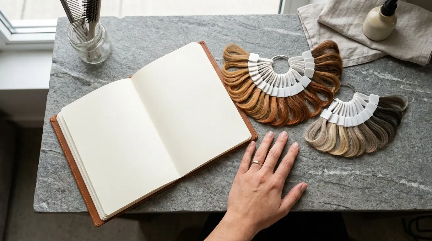 Professional hair color swatch rings on a stone table beside a consultation notebook