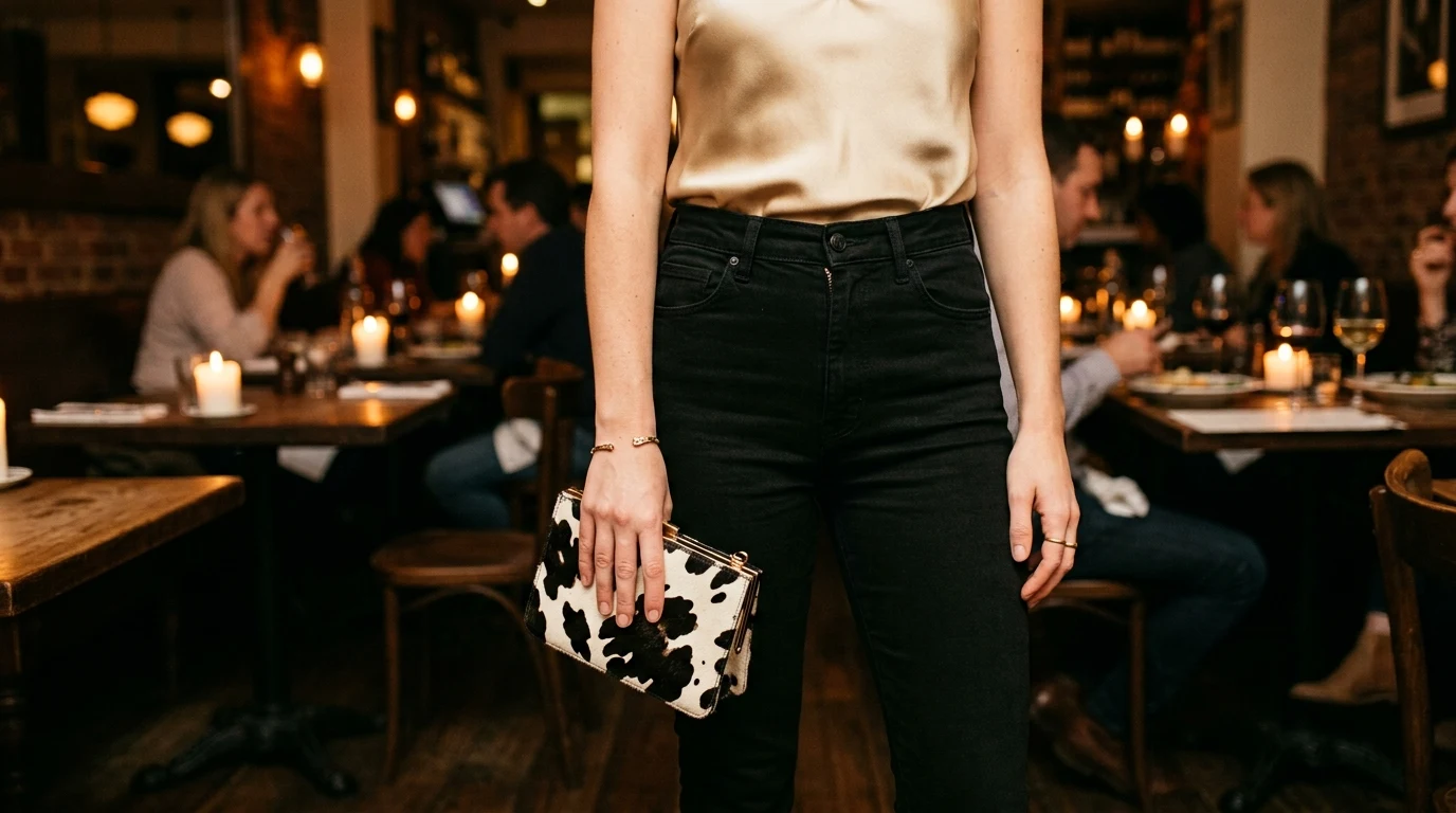 Chic evening outfit pairing high rise black jeans with a champagne silk camisole and clutch.