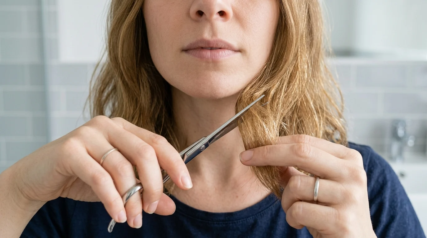 Shaping soft face-framing layers around the jawline with angled shears.