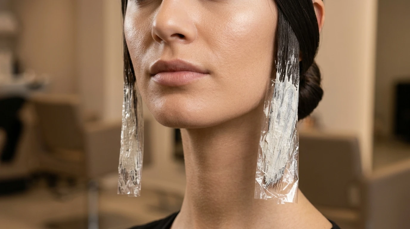 Face-framing hair sections coated in clay lightener and wrapped in clear plastic to brighten dark hair.