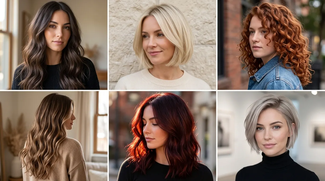 Six box grid showing fall hair color trends including espresso brunette, buttercream blonde, and copper