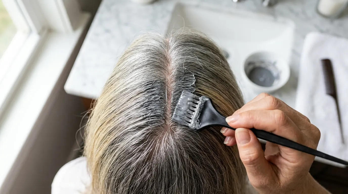 Feathering an ash toner across the demarcation line of growing-out silver hair for a soft transition.