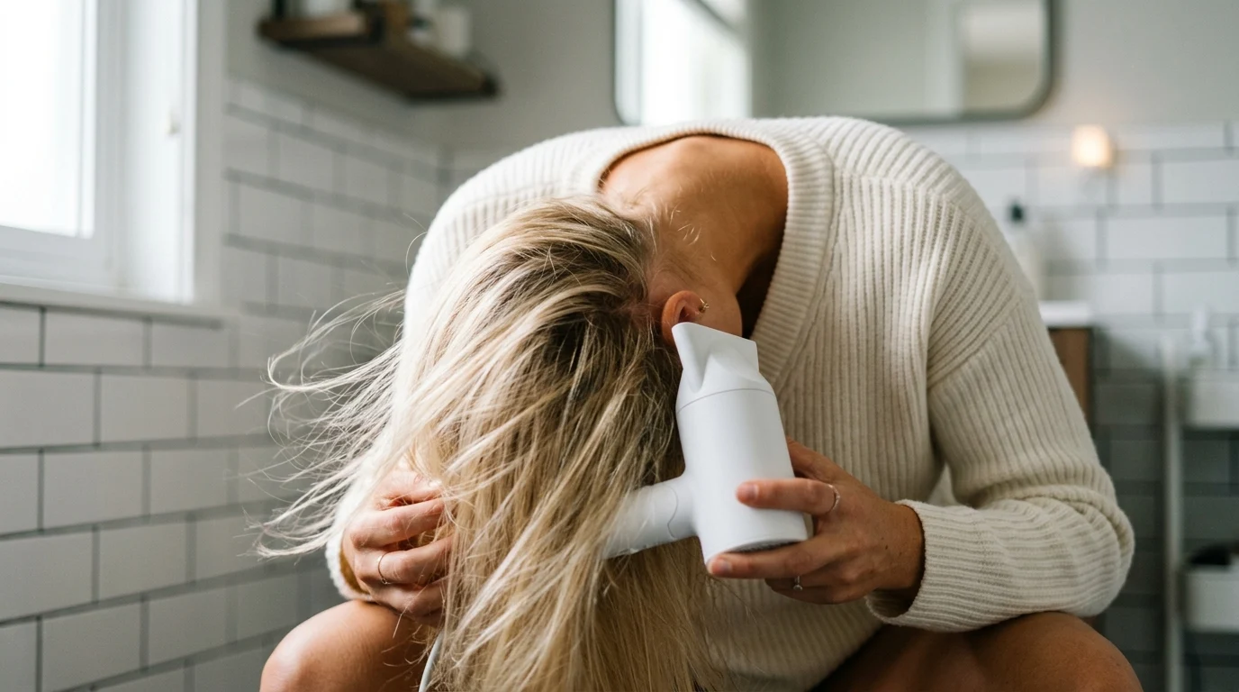 A person blow drying fine blonde hair upside down to create root volume at the crown.