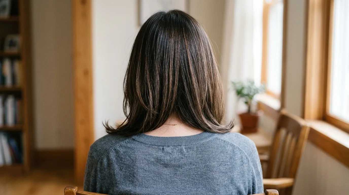 Fine shoulder-length brunette hair with delicate mocha babylights
