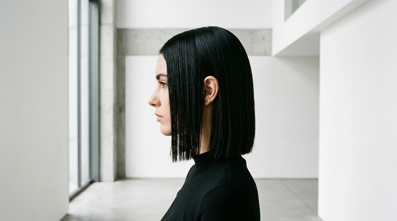 Flat pin straight bob parted down the center clinging flatly to the temples.