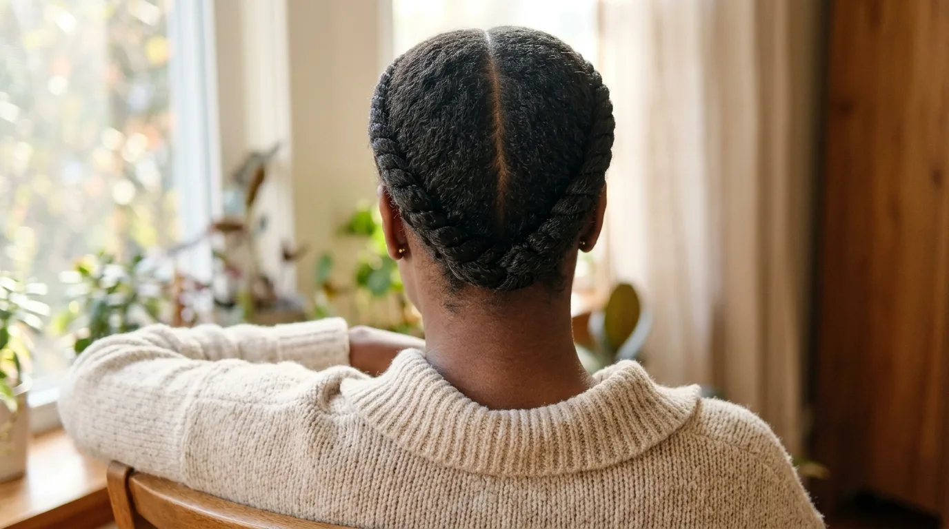 The back view of a woman wearing a neat flat twist halo updo pinned at the nape.
