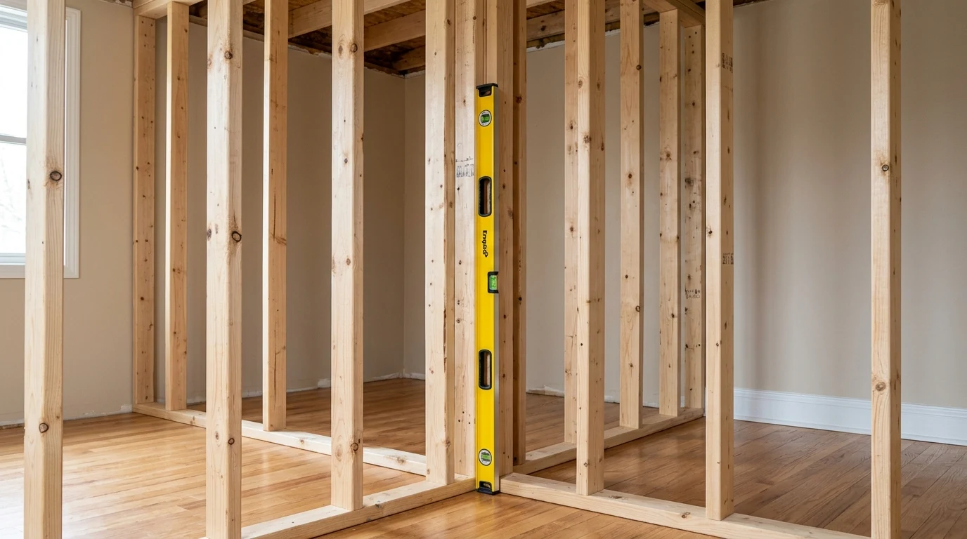 Checking vertical corner studs with a box level during closet partition framing.