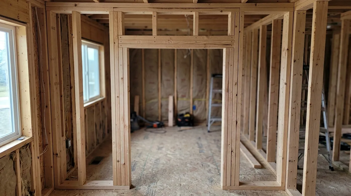 Constructed rough door opening with jack studs and double header for a bedroom closet.