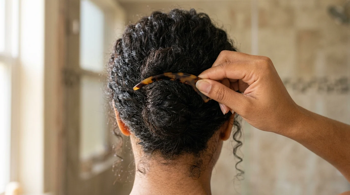A tortoiseshell French hair pin holding a gathered roll of curly black hair securely.