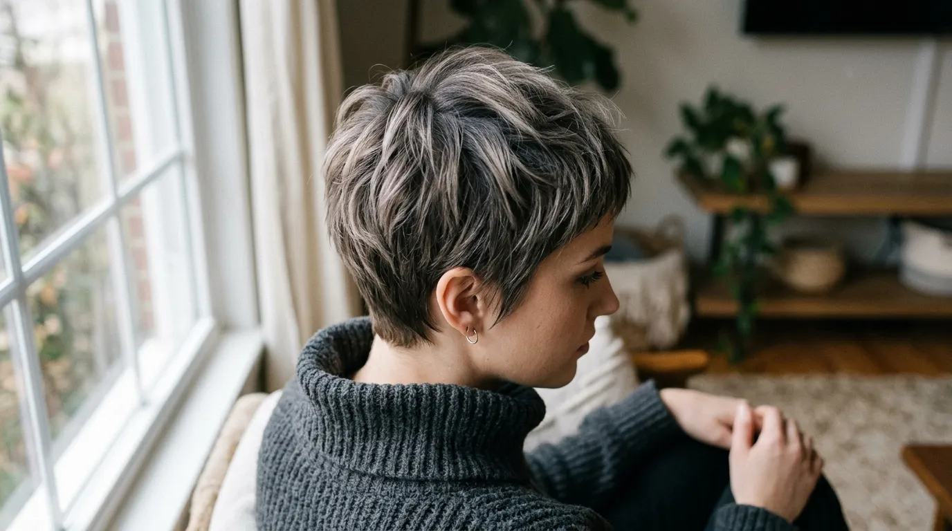 Short textured frosted chai haircut showing cool mushroom beige and ash tones