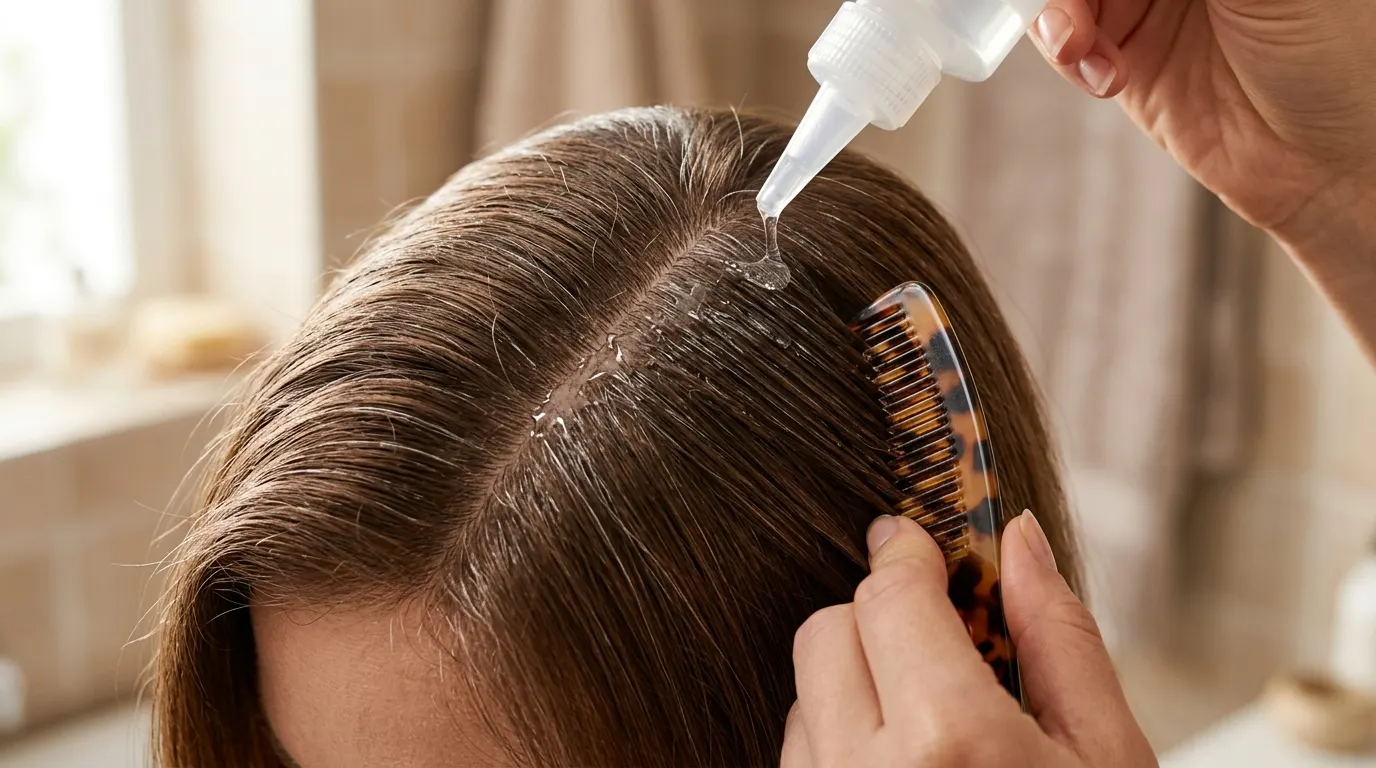 Applicator bottle placing a gentle translucent color gloss over fine chestnut hair with early grays.