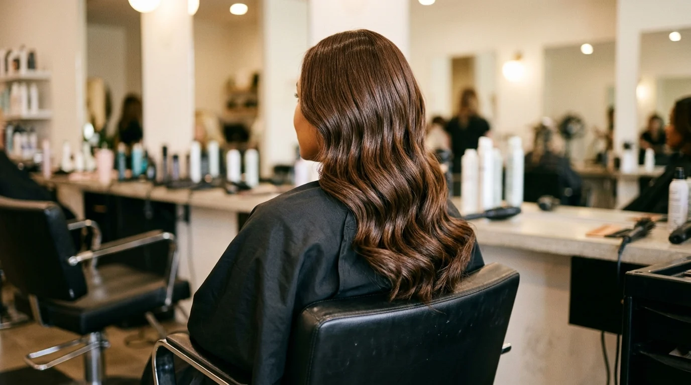 Glossy chocolate brown hair seen from behind in a salon chair