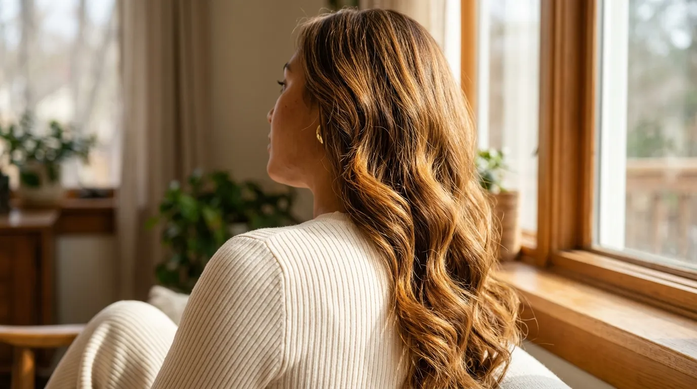 Long wavy golden chocolate brown hair on a woman with warm tan skin