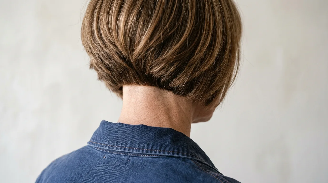 Close-up back view of a stacked bob showing graduated nape layers providing volume.