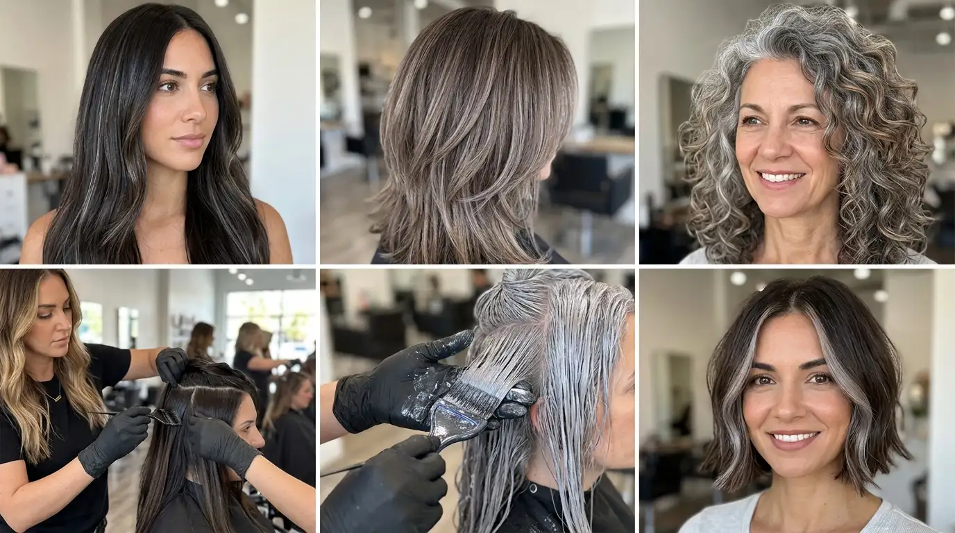 Six box collage grid displaying gray blending methods for dark brown hair