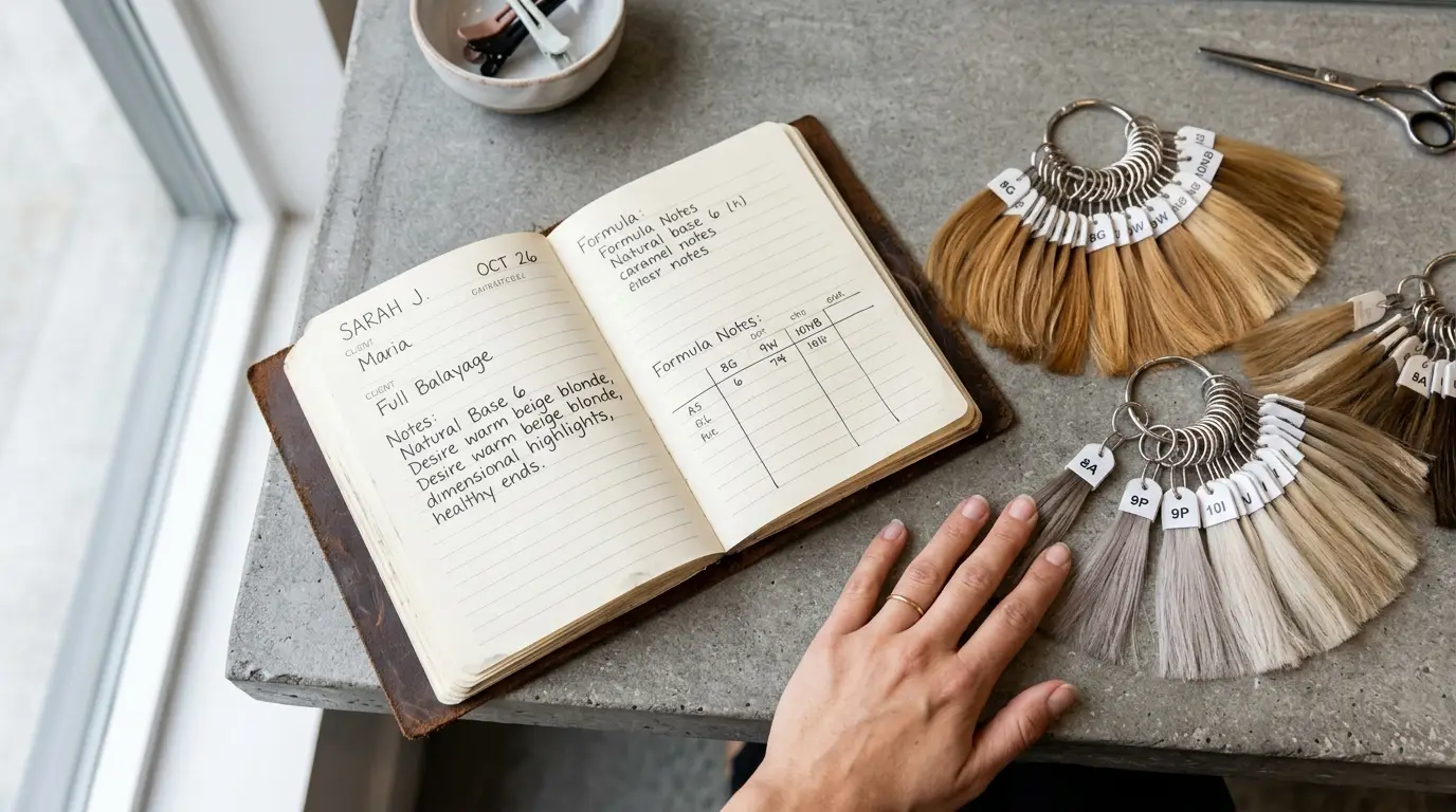 Professional hair color swatch rings on a stone counter beside a consultation notebook