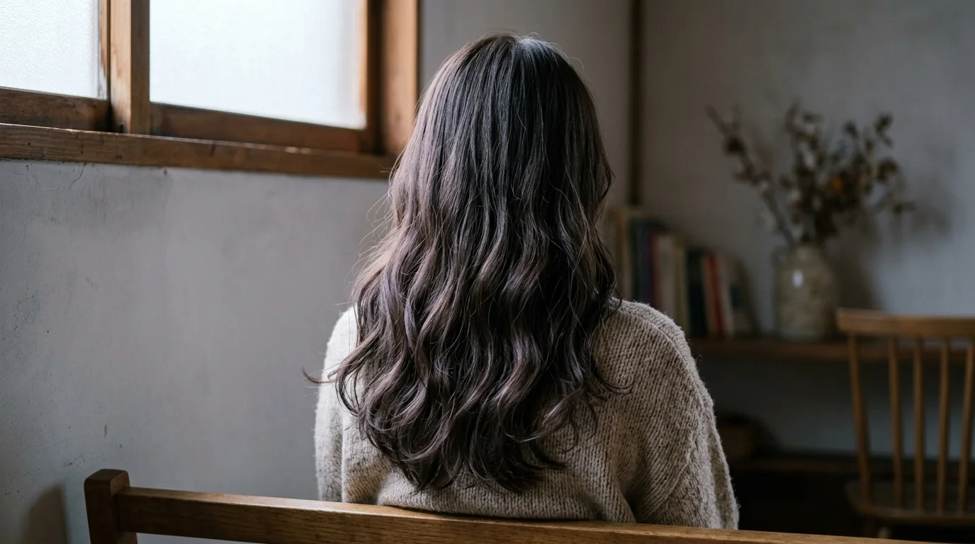 Long wavy smoked espresso hair with cool charcoal reflections in natural light