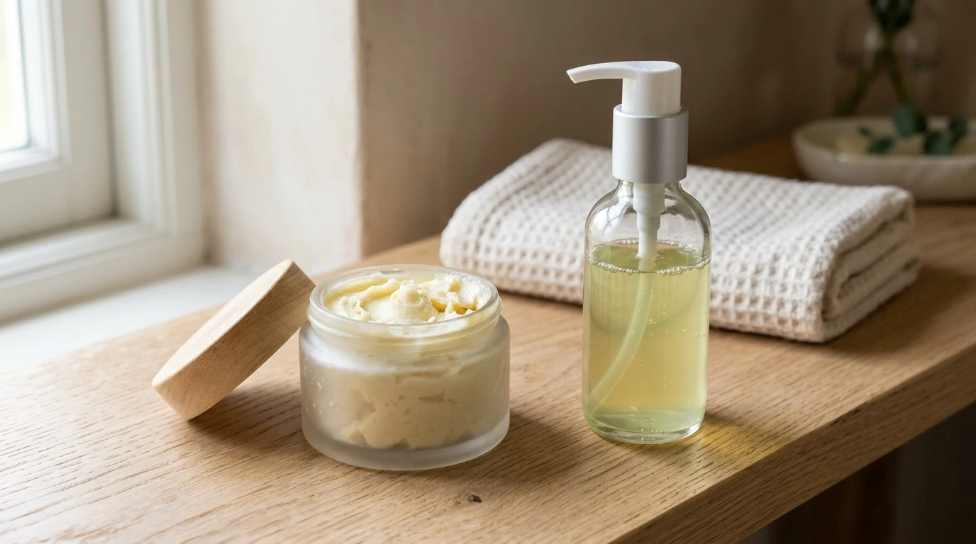 Heavy shea hair butter sitting next to a lightweight aloe vera liquid hair moisturizer.