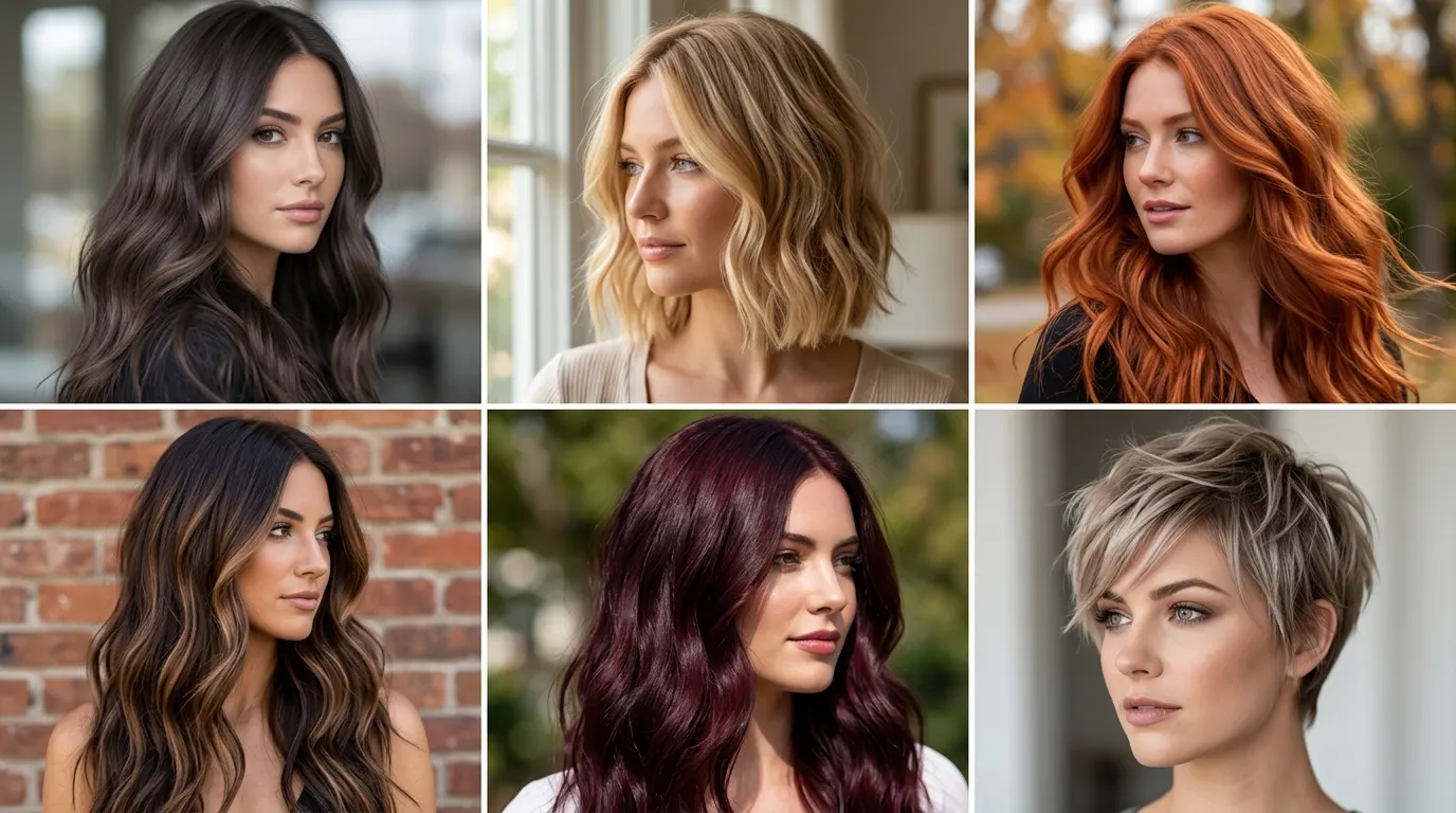 Six box grid showing modern hair color trends including espresso brunette, buttercream blonde, and copper tones
