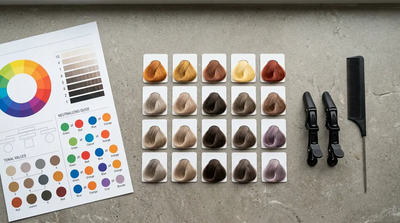 Hair color correction swatches and sectioning clips arranged on a grey stone counter