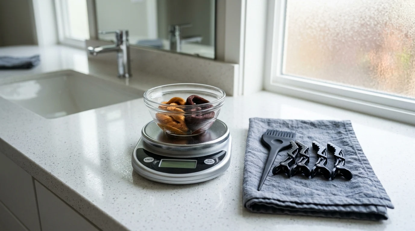 Professional tinting tools, digital scale, and sectioning clips arranged on a bathroom vanity.