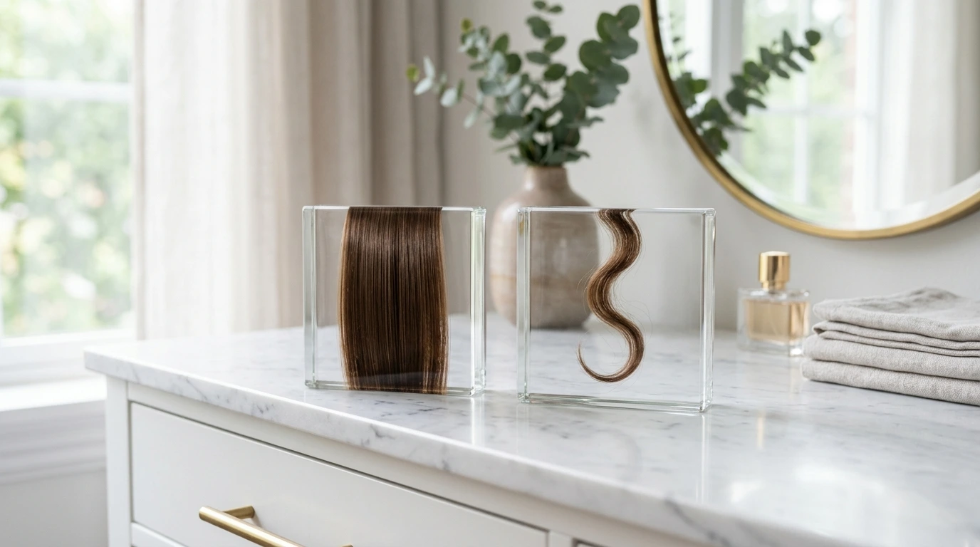 Visual comparison between smooth straight hair strands and curved textured hair fibers.