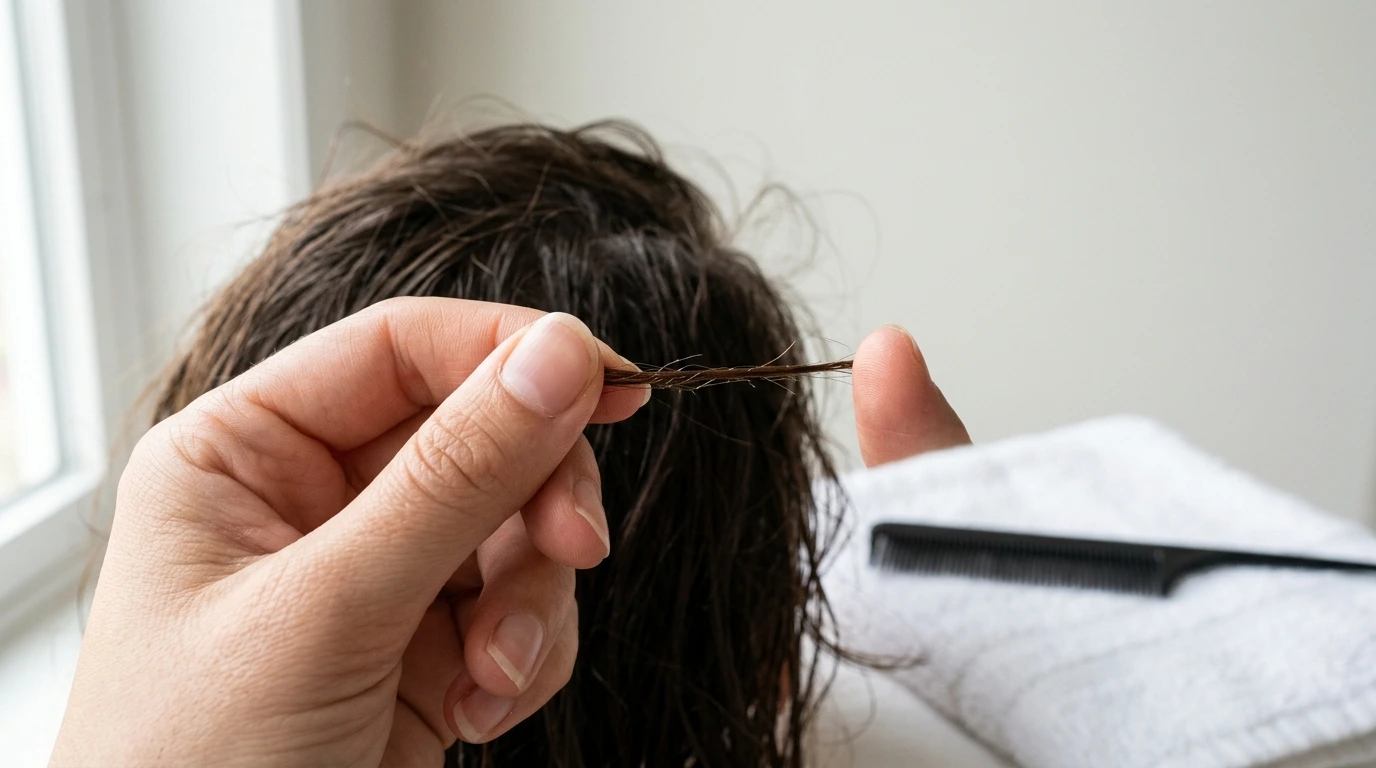 Close up view of testing dark brown hair elasticity against a white towel background