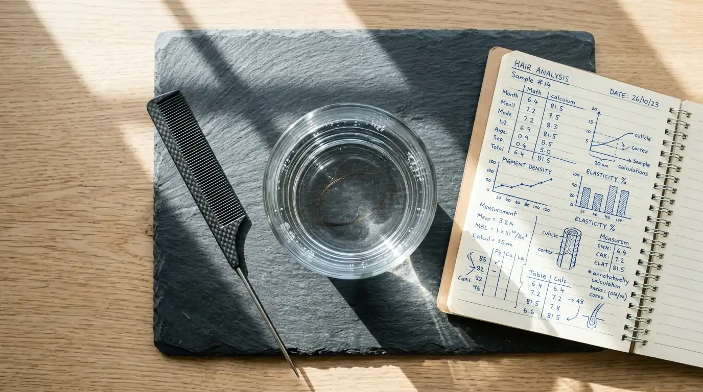 Hair strand floating in a clear glass of water for an at-home porosity test.