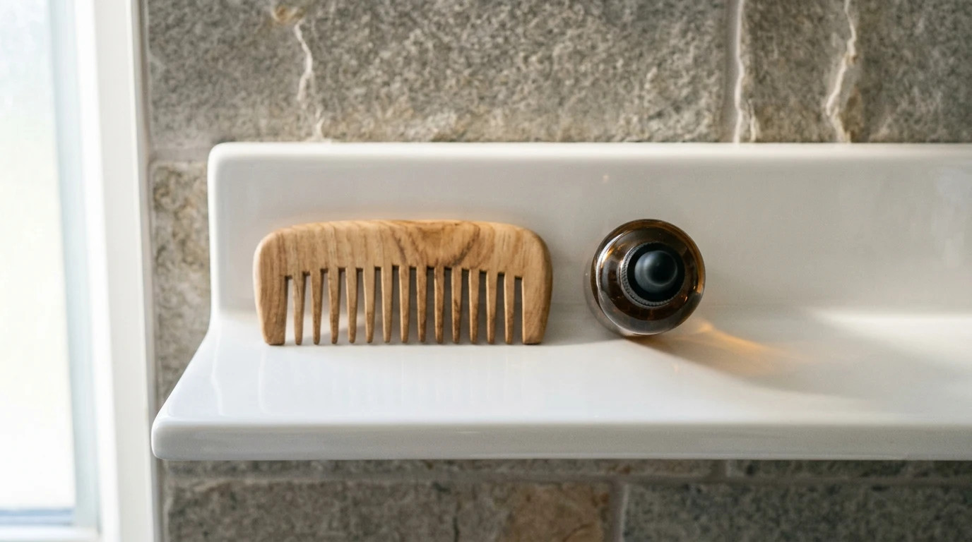 Amber glass hair serum bottle and wooden comb on a bathroom shelf