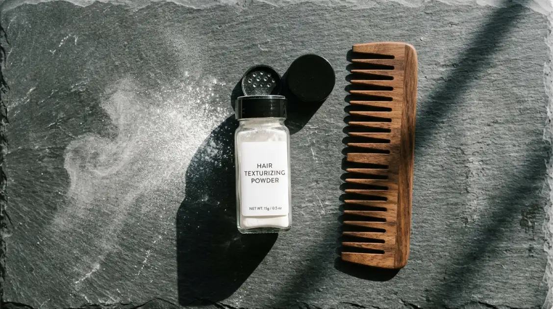 Volumizing texture powder bottle and comb on a slate surface.
