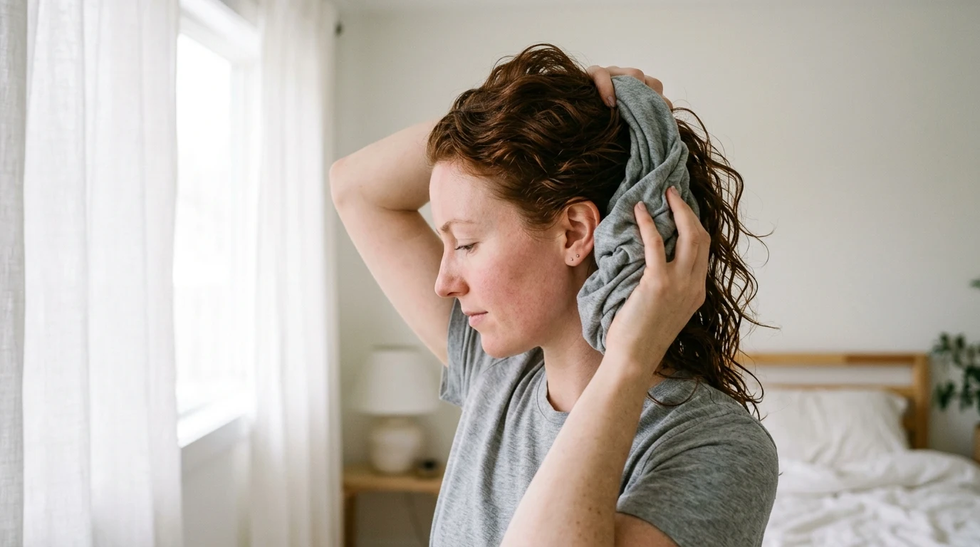 Back view of hair wrapped securely in a cotton shirt for an overnight plopping routine.