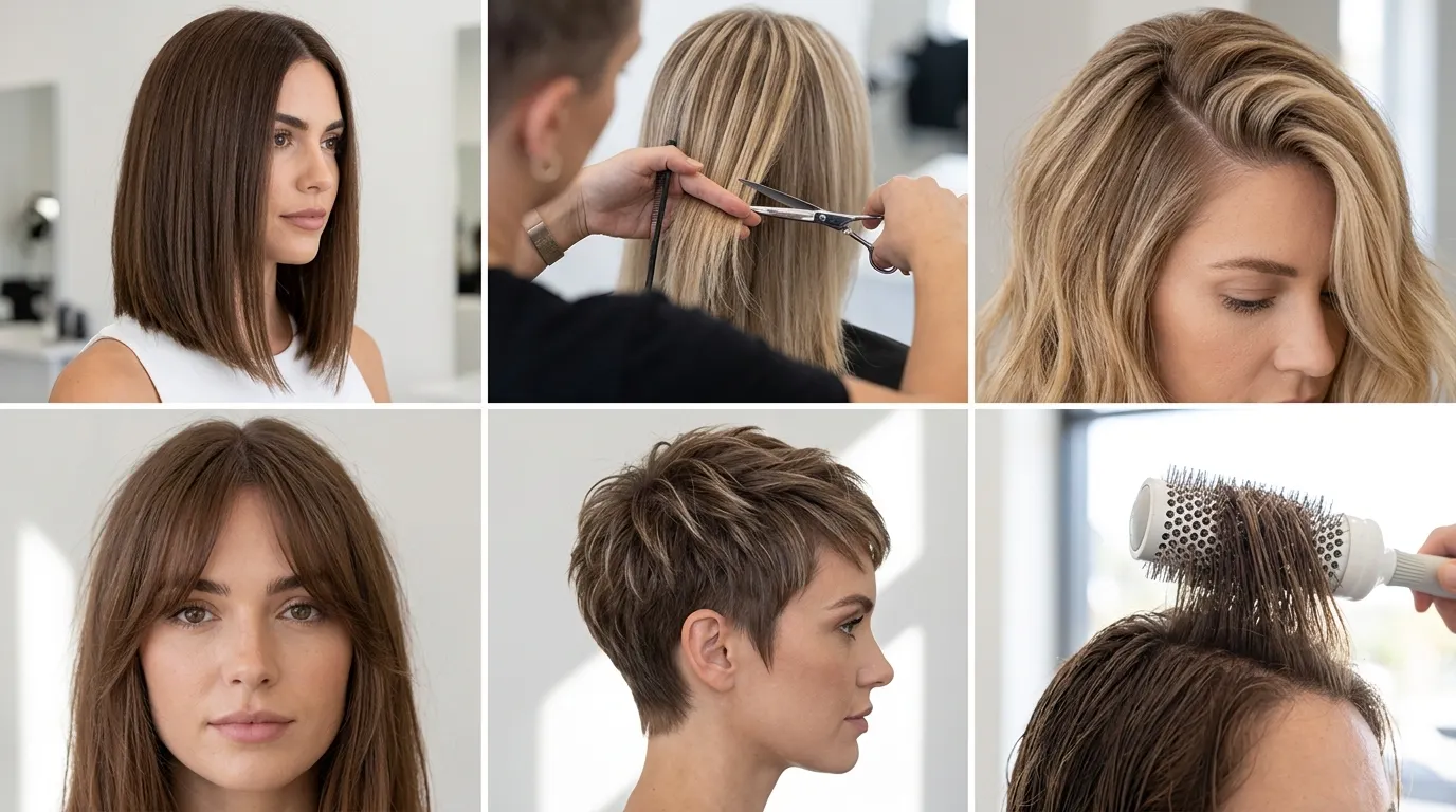 Six box grid showing haircut and styling techniques for thin hair and round face shapes.