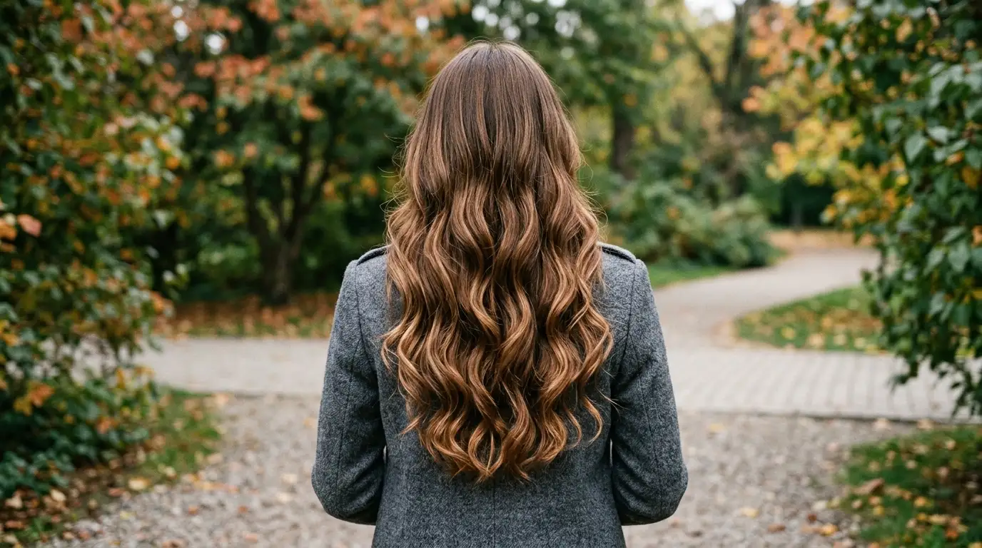 Long dimensional hair with hand painted caramel lowlights over a natural brown base