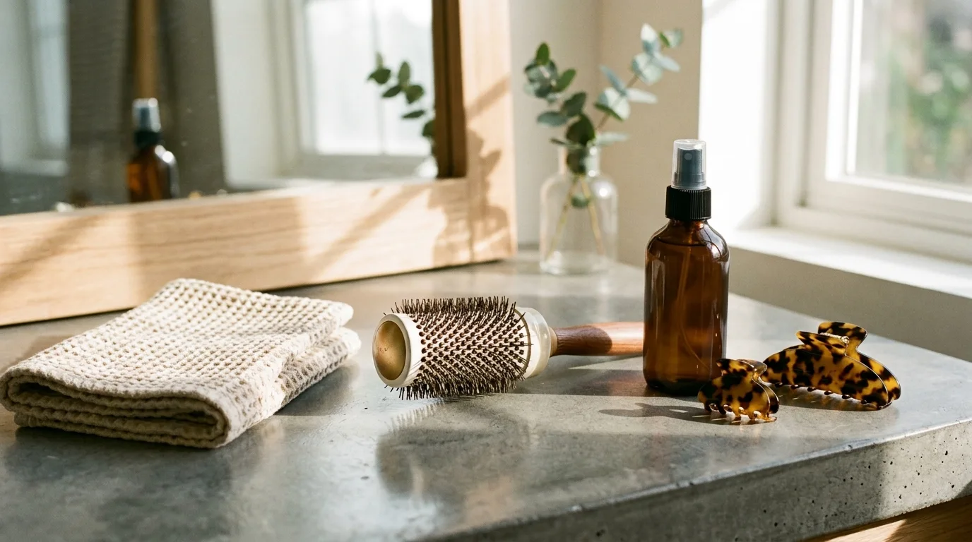 Minimalist hair styling tools and texturizing spray arranged on a vanity.