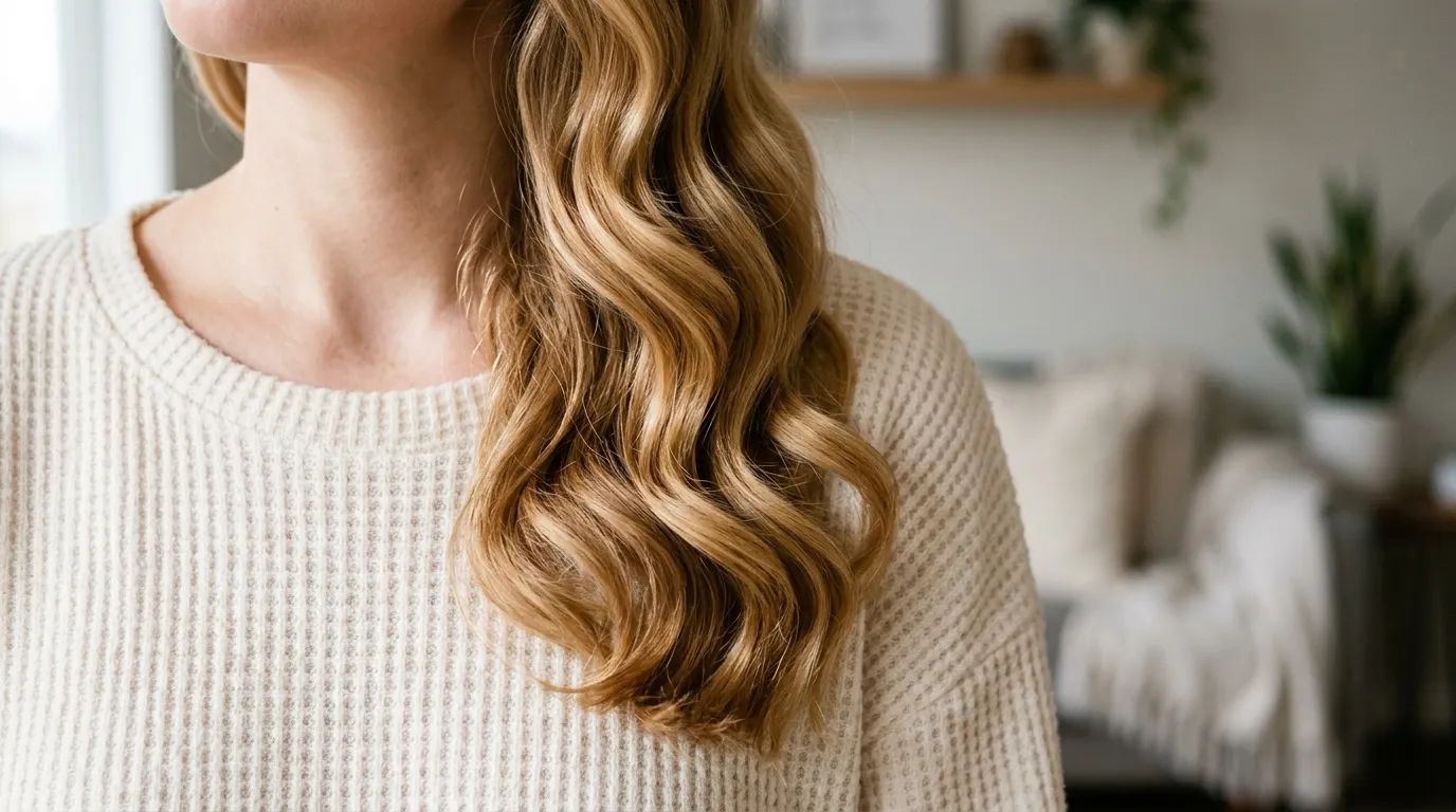 Detailed close-up of glossy, intact heatless curls resting over a cream waffle-knit sweater.