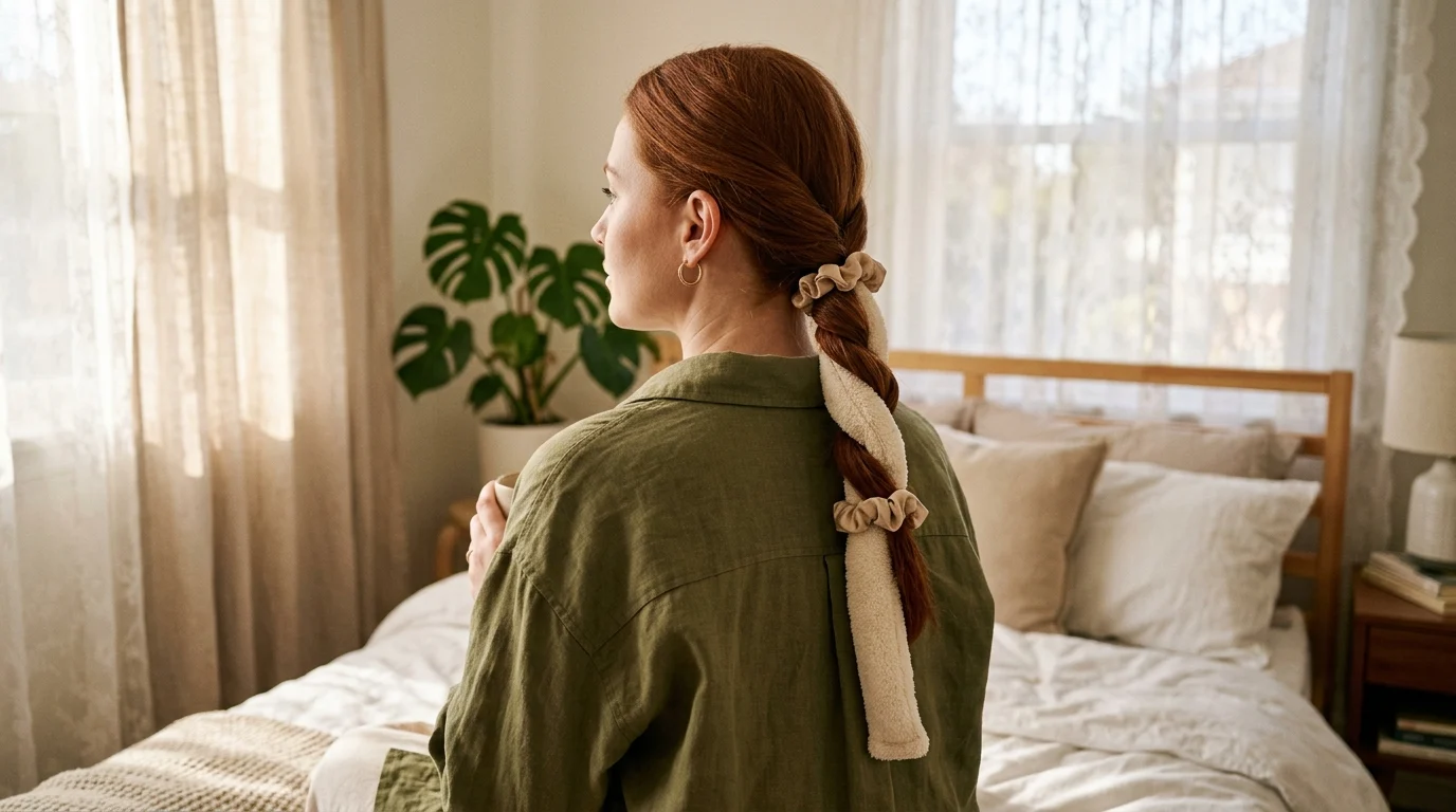 Back profile of hair wrapped securely around a plush robe belt for an overnight heatless curling method.