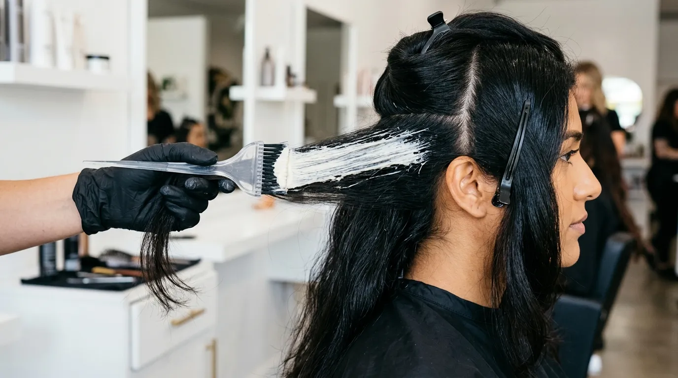 High-lift cream dye applied to mid-lengths of dark hair while avoiding the scalp to prevent hot roots.