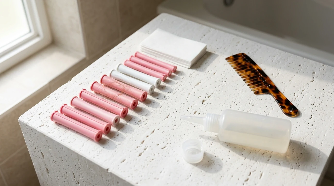 Neat vanity flat lay of home perm tools including plastic rods, end papers, and solution bottle.