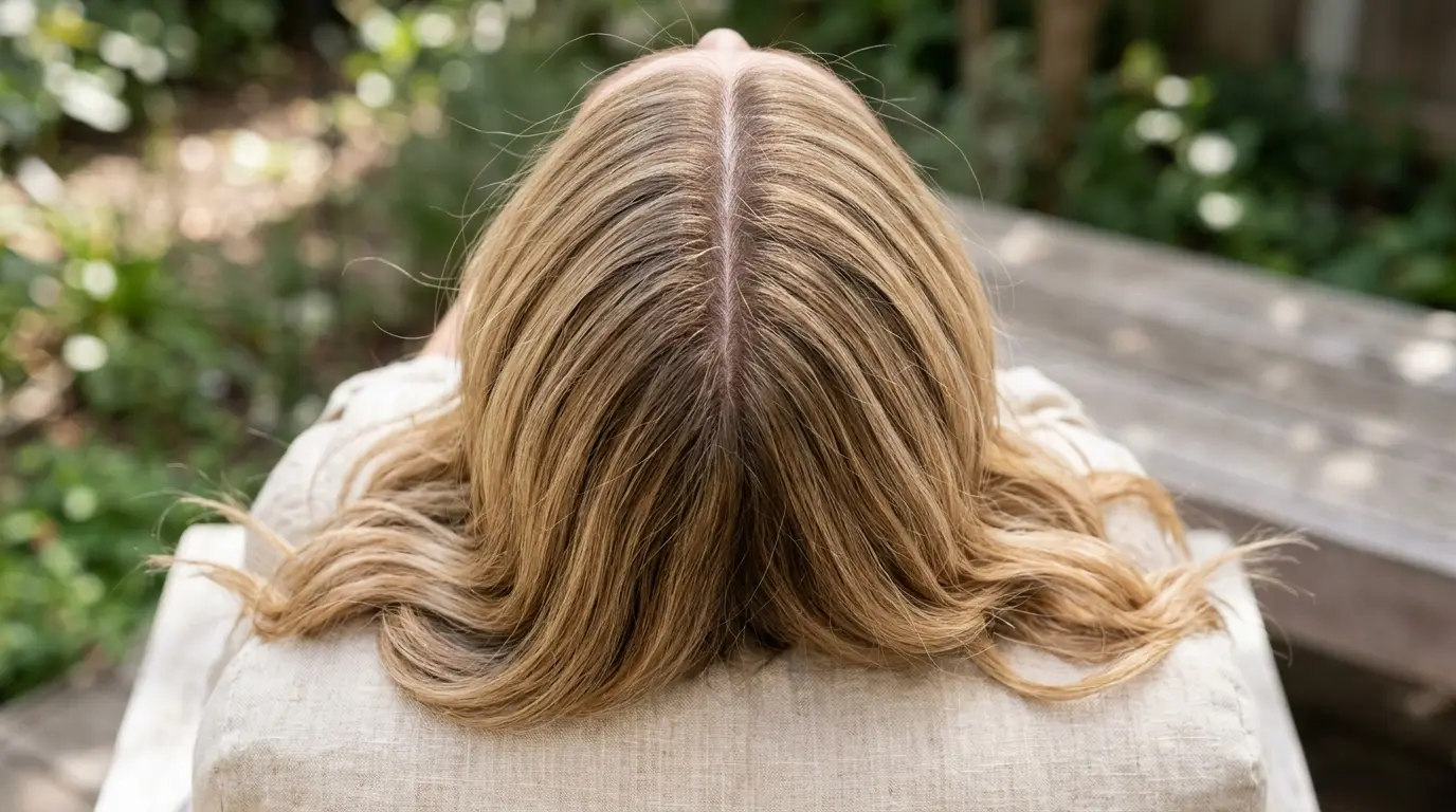 Soft textured waves of natural honey wheat blonde hair on neutral linen fabric