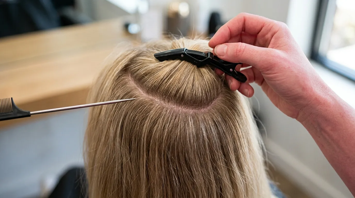 Creating a horseshoe section at the crown using a metal tail comb and clip.