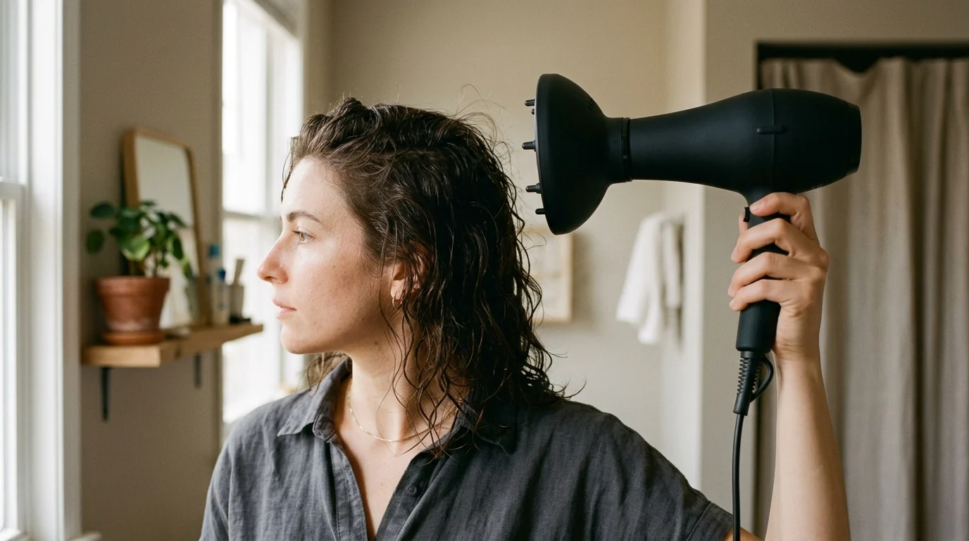 Hovering a black diffuser nozzle around damp roots to set the styling cast.