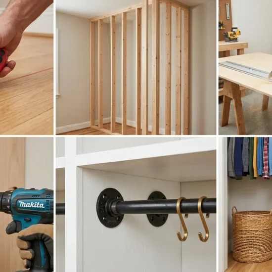 A six box construction guide showing the steps for framing and building a DIY room closet.